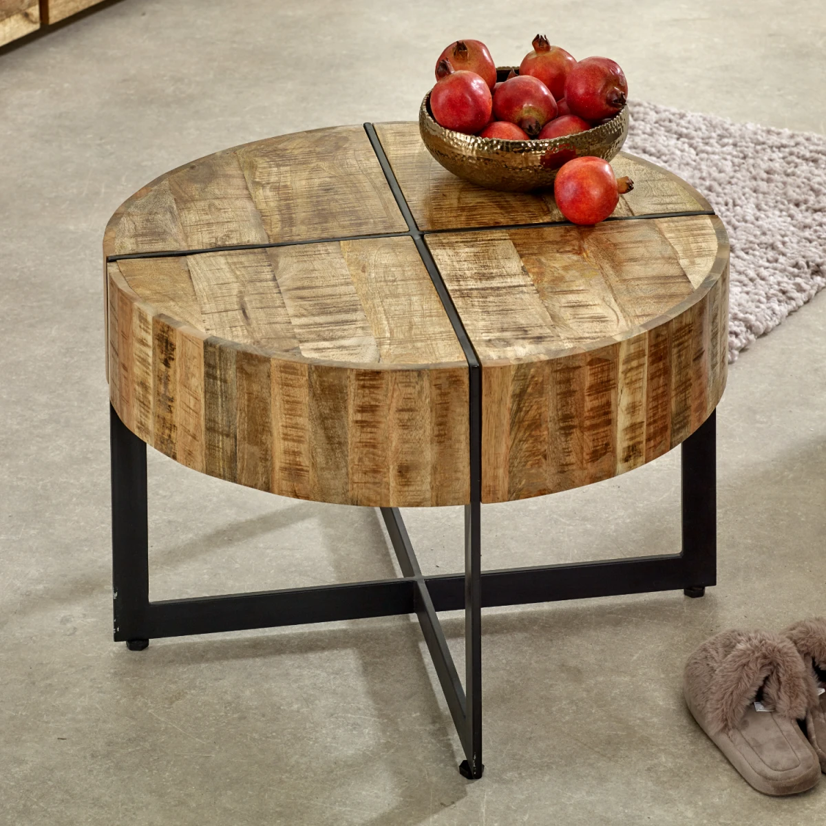 Surrey Round Coffee Table Eco Sourced Solid Mango Wood Inlaid Metal Legs Handmade In India by Indian Hub