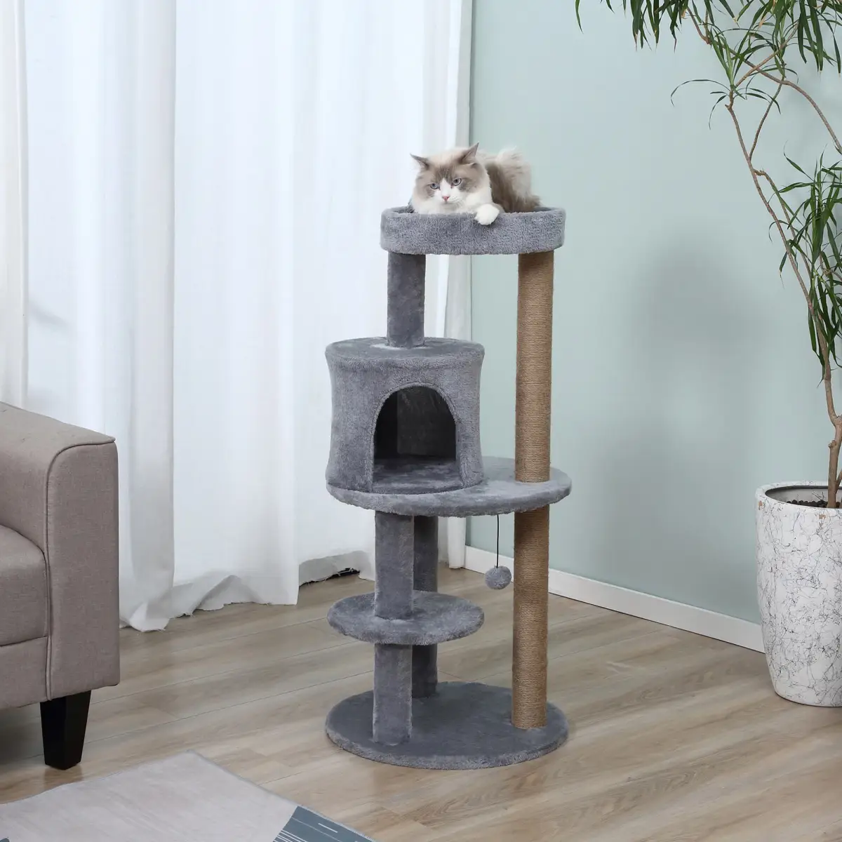 Pawhut 104cm Deluxe Cat Activity Tree w/ Scratching Posts Ear Perch House - Grey - Cat Tree