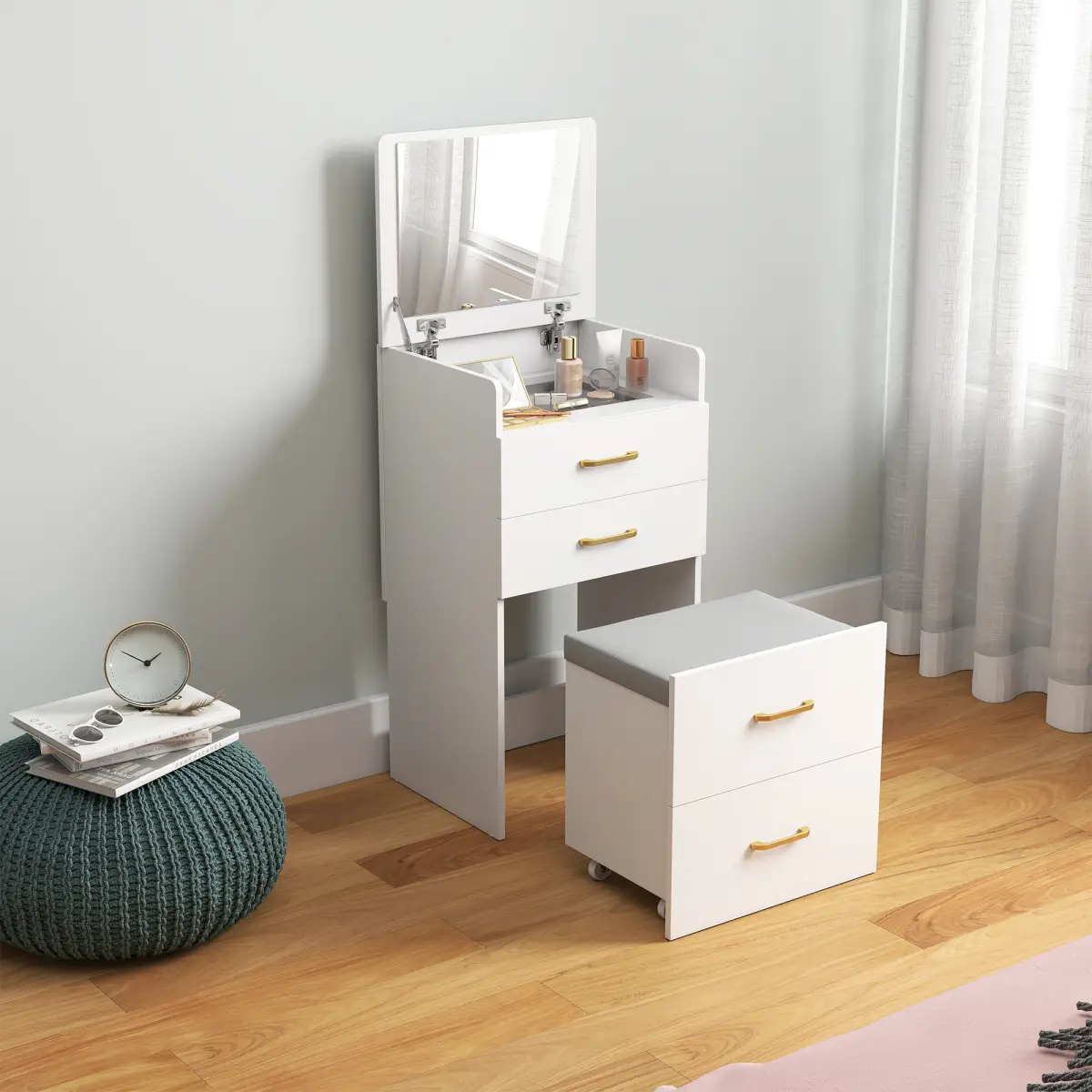 HOMCOM HOMCOM 3 in 1 Dressing Table Vanity Desk with Mirror and Cushioned Stool - Desk