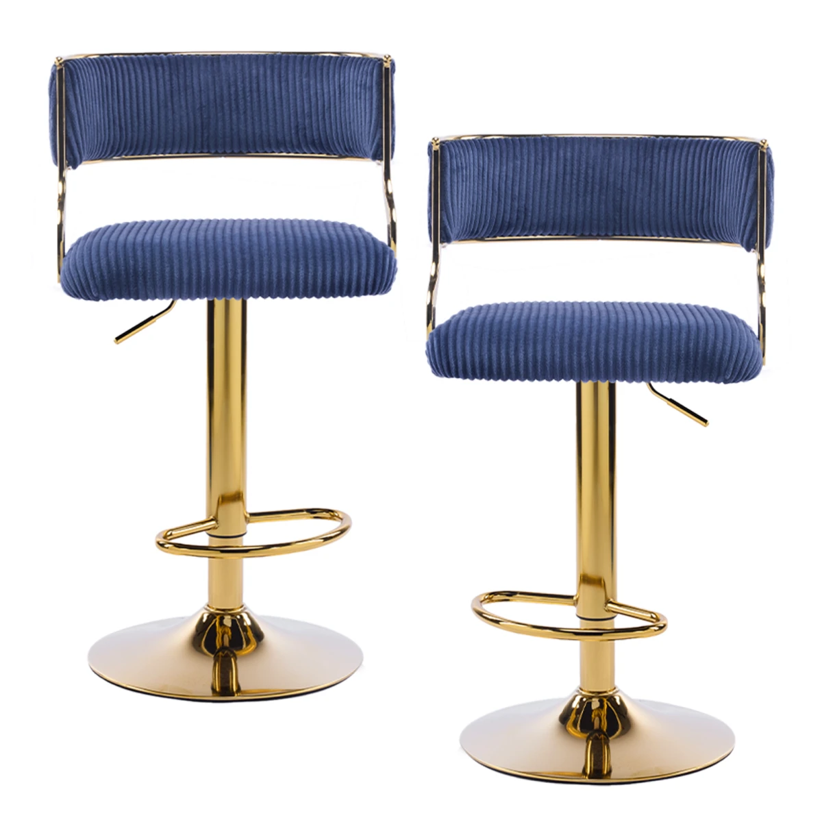 N/A 2pcs Blue Corduroy Swivel Bar Stools with Gold Plated Trumpet Base and Height Adjustable Gas Lift -