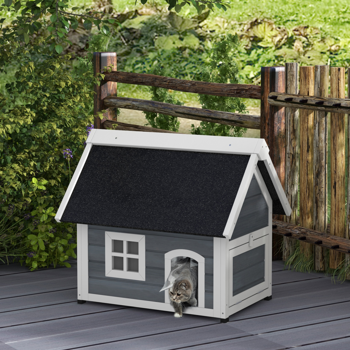 Outdoor Cat House For Feral Cats With Openable Asphalt Roof By PawHut Grey Weatherproof Wood Frame