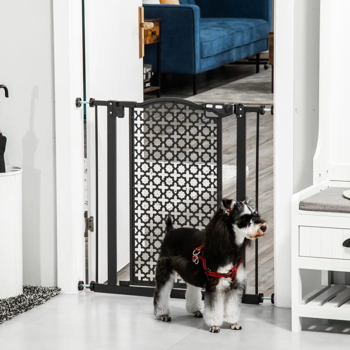 Pawhut 74-80 cm Pet Safety Gate Stair Pressure Fit w/ Auto Close Double Locking, Black - Pet Gate