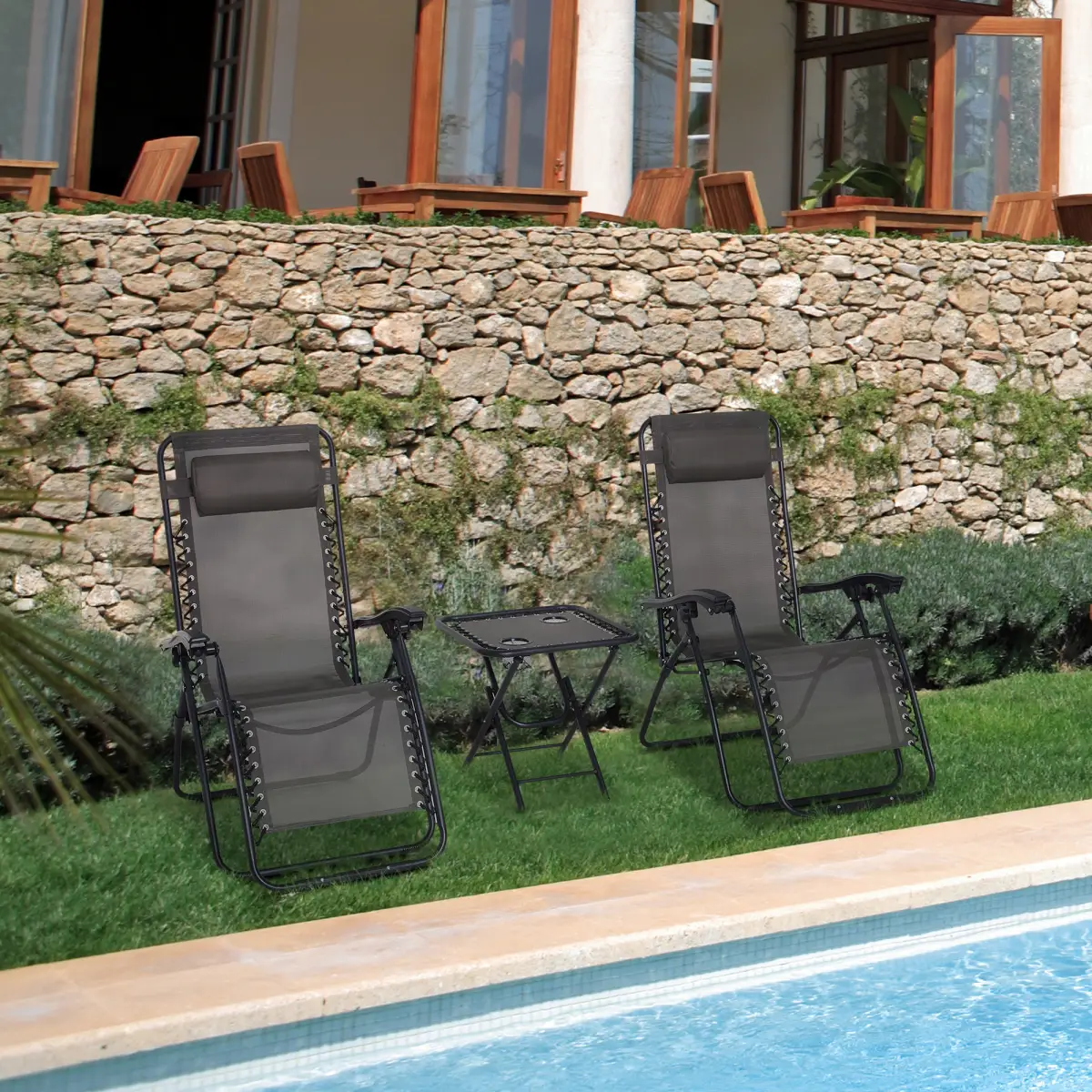 Unbranded 3PC Zero Gravity Chairs Sun Lounger Table Set Cup Holders Dark Grey Outsunny - Garden Set