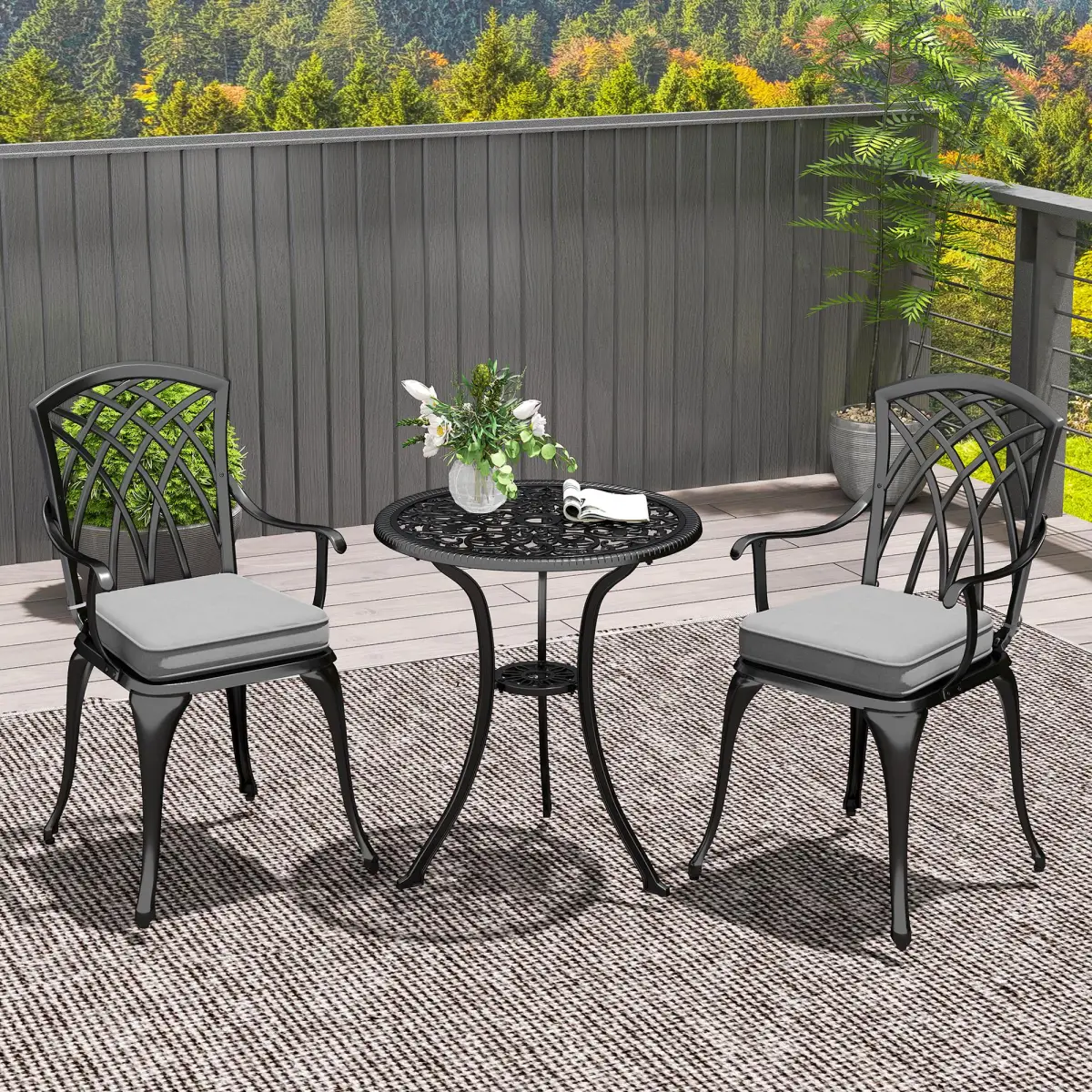 Outsunny Outsunny 3 PCs Aluminium Garden Coffee Table Set w/ Parasol Hole & Cushions - Garden Set