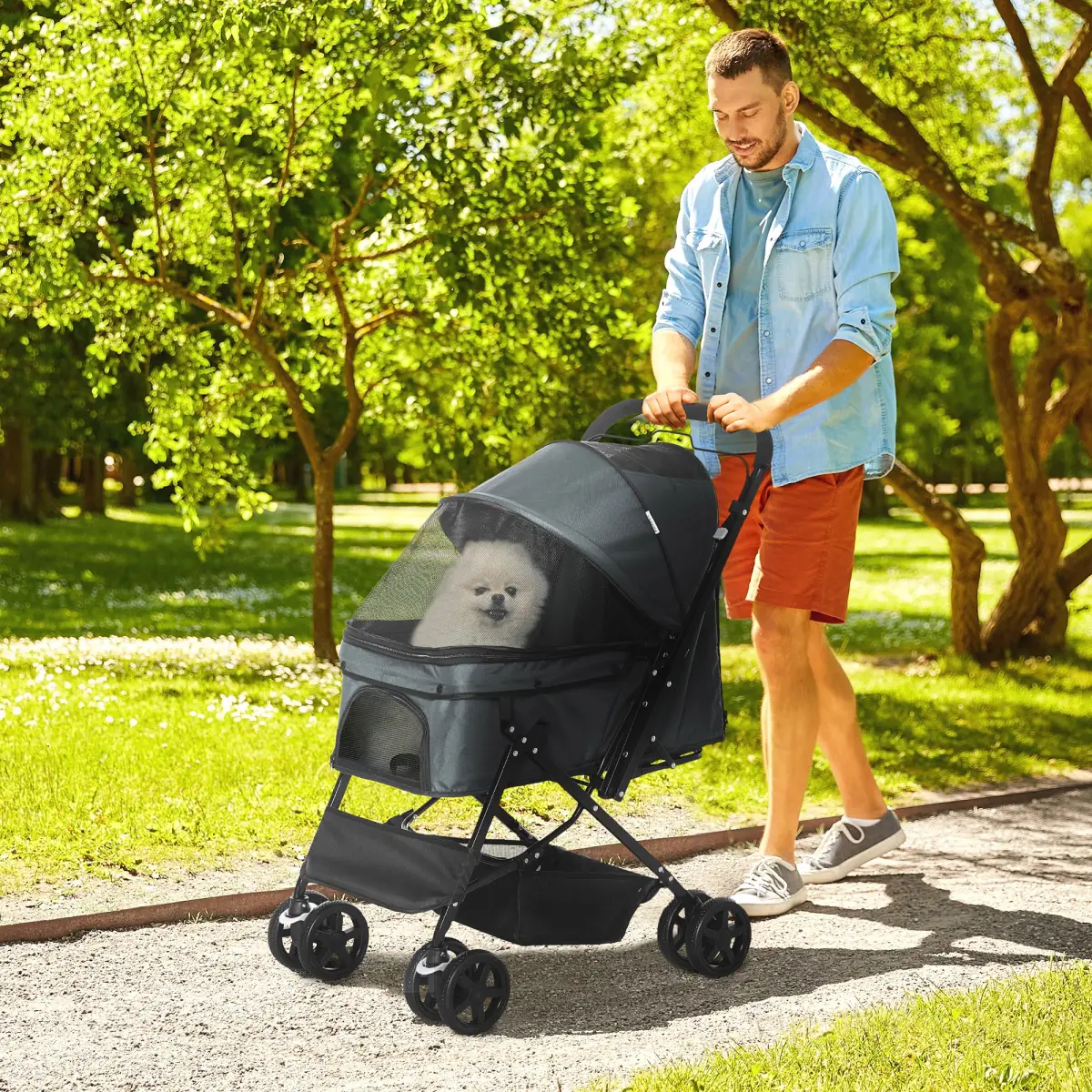 PawHut PawHut Pet Stroller Dog Foldable Travel Carriage with Reversible Handle, Grey - Pet Carrier