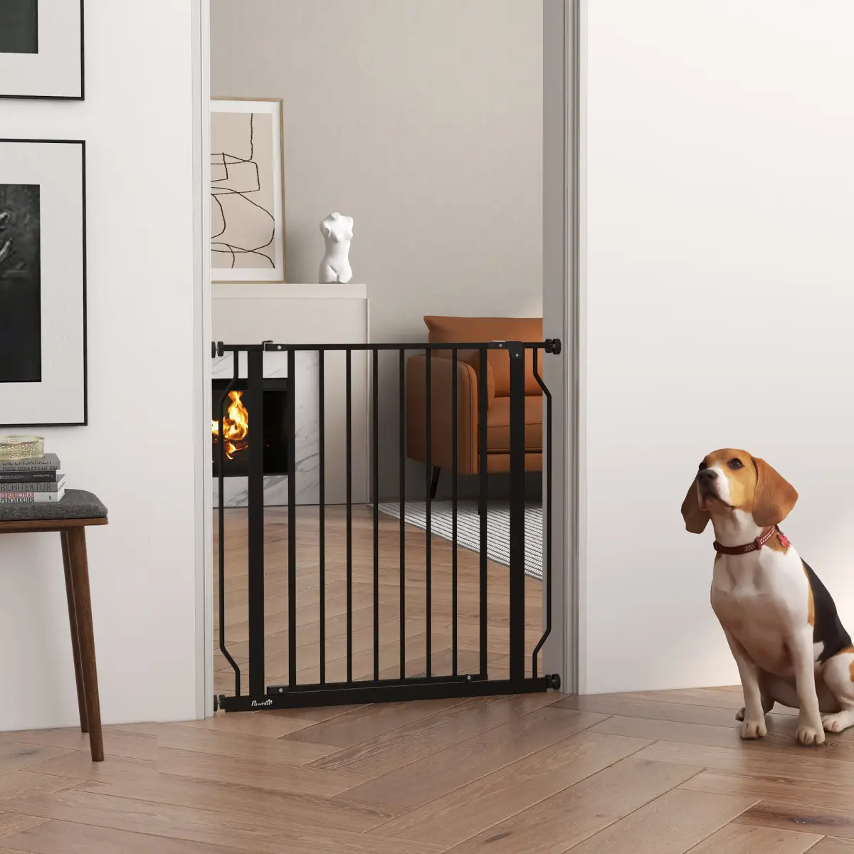 PawHut PawHut Dog Gate Wide Stair Gate w/ Door Pressure Fit, 75-85W cm, Black - Pet Gate