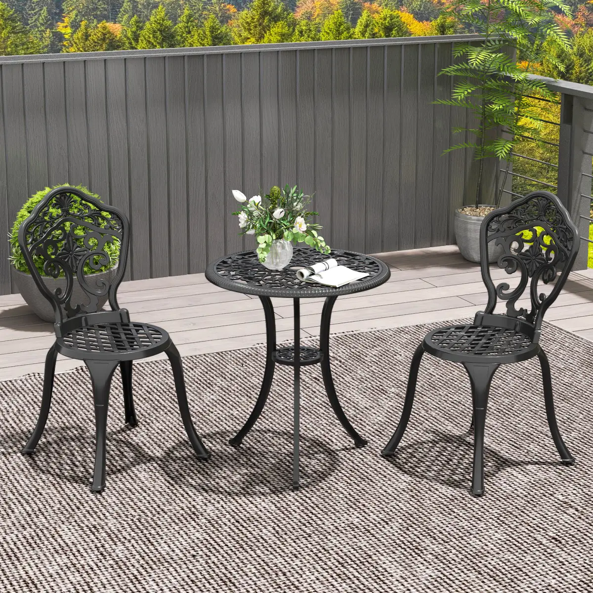 Outsunny Outsunny 3 PCs Cast Aluminium Bistro Set w/ Parasol Hole for Balcony, Black - Garden Set