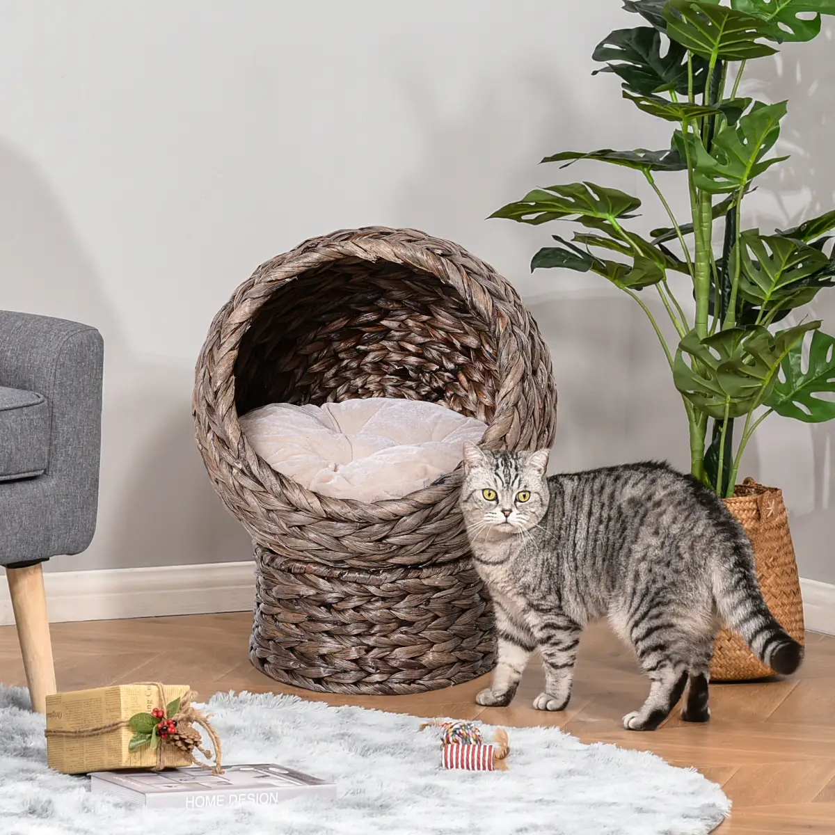 PawHut Wicker Cat House, Raised Cat Bed with Cylindrical Base, 42 x 33 x 52cm - Brown - Cat House
