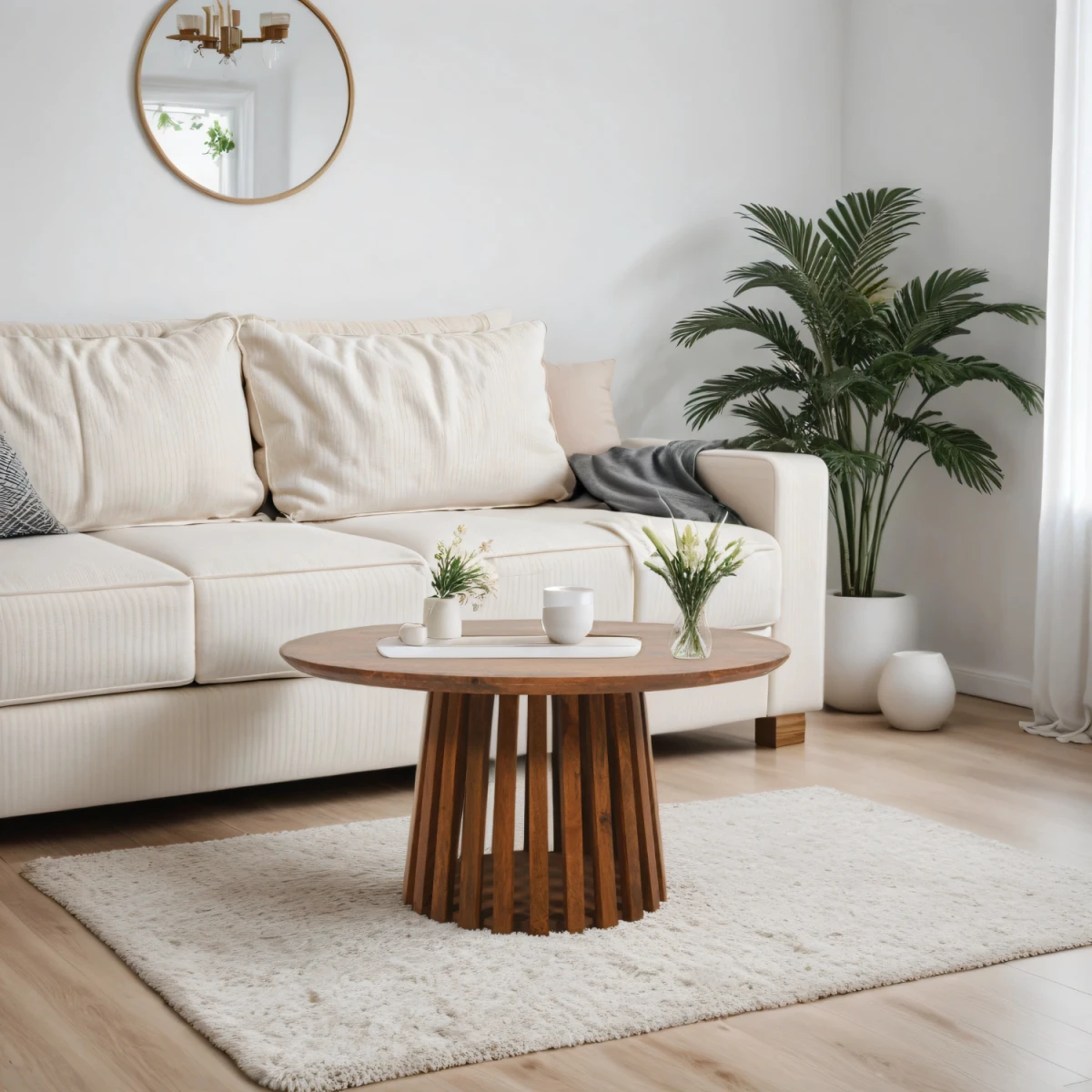 Indian Hub Eco Mango Wood Round CoffeeTable 80cm SlatBase LR - Coffee Table