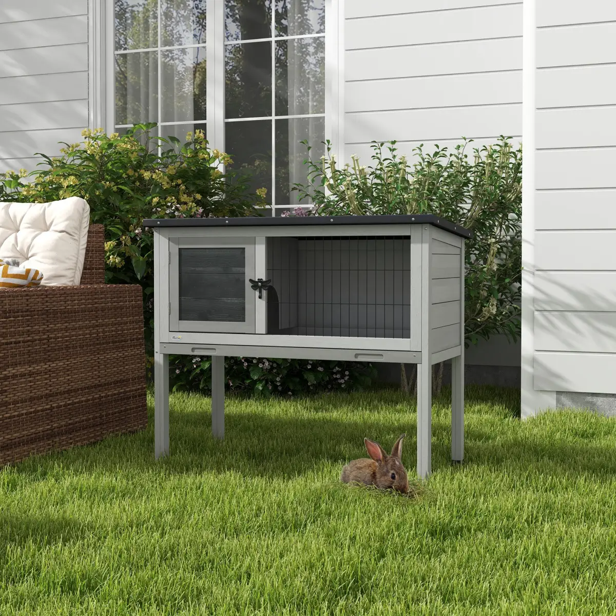 PawHut PawHut Large Elevated Indoor Outdoor Wooden Rabbit Hutch with Asphalt Roof, Tray - Rabbit Hutch
