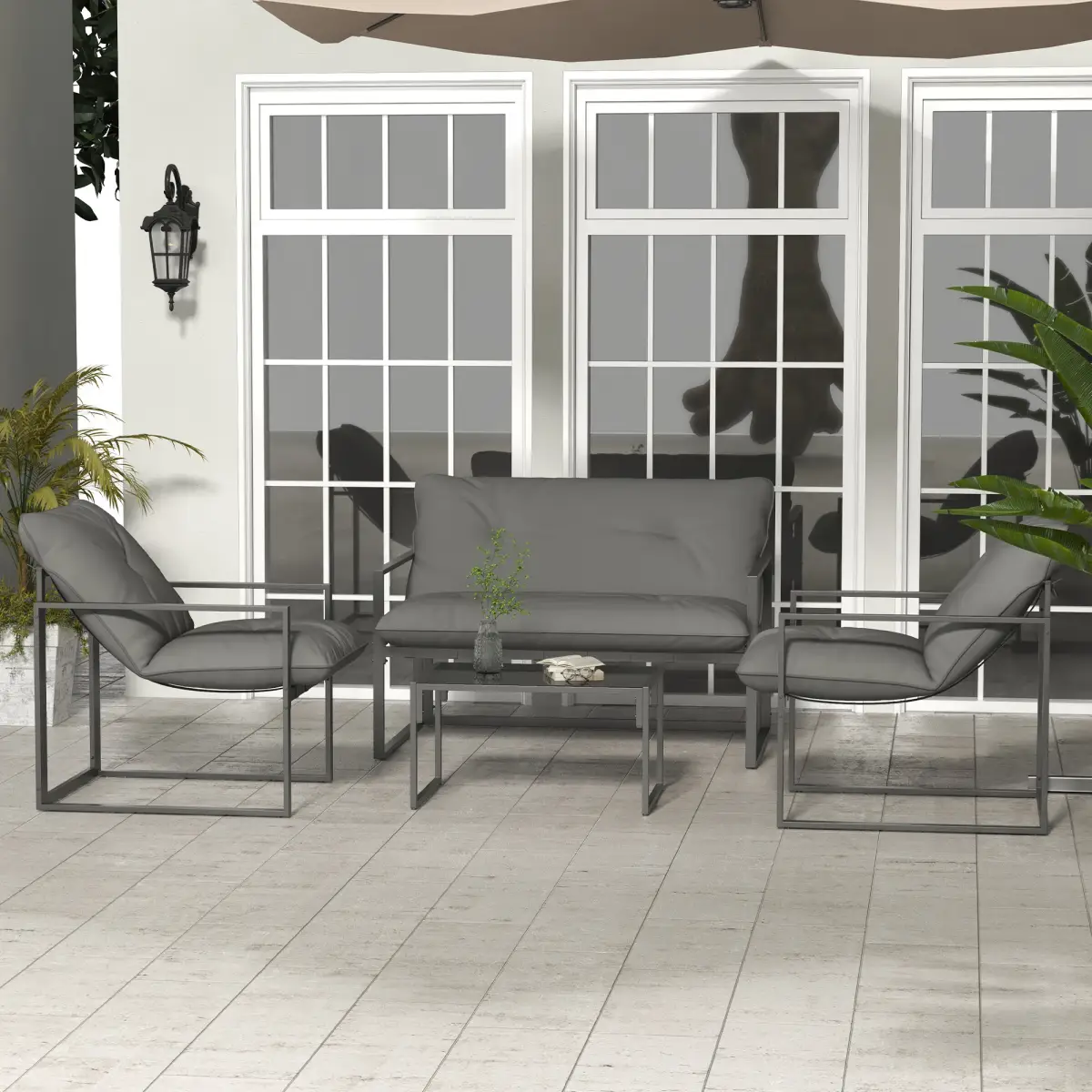 Outsunny Outsunny 4 PCs Garden Sofa Set with 2 Armchairs Loveseat Coffee Table, Grey - Garden Set