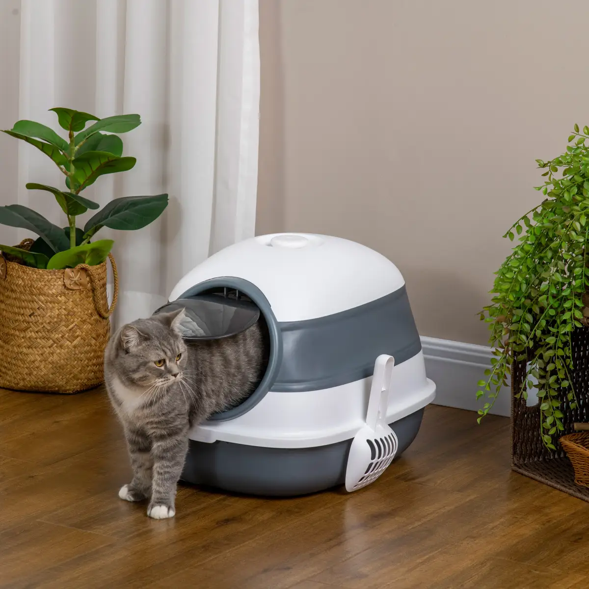 PawHut Cat Litter Tray with Lid, Hooded Cat Litter Box w/ High Side, Deodorant, Scoop - Cat House