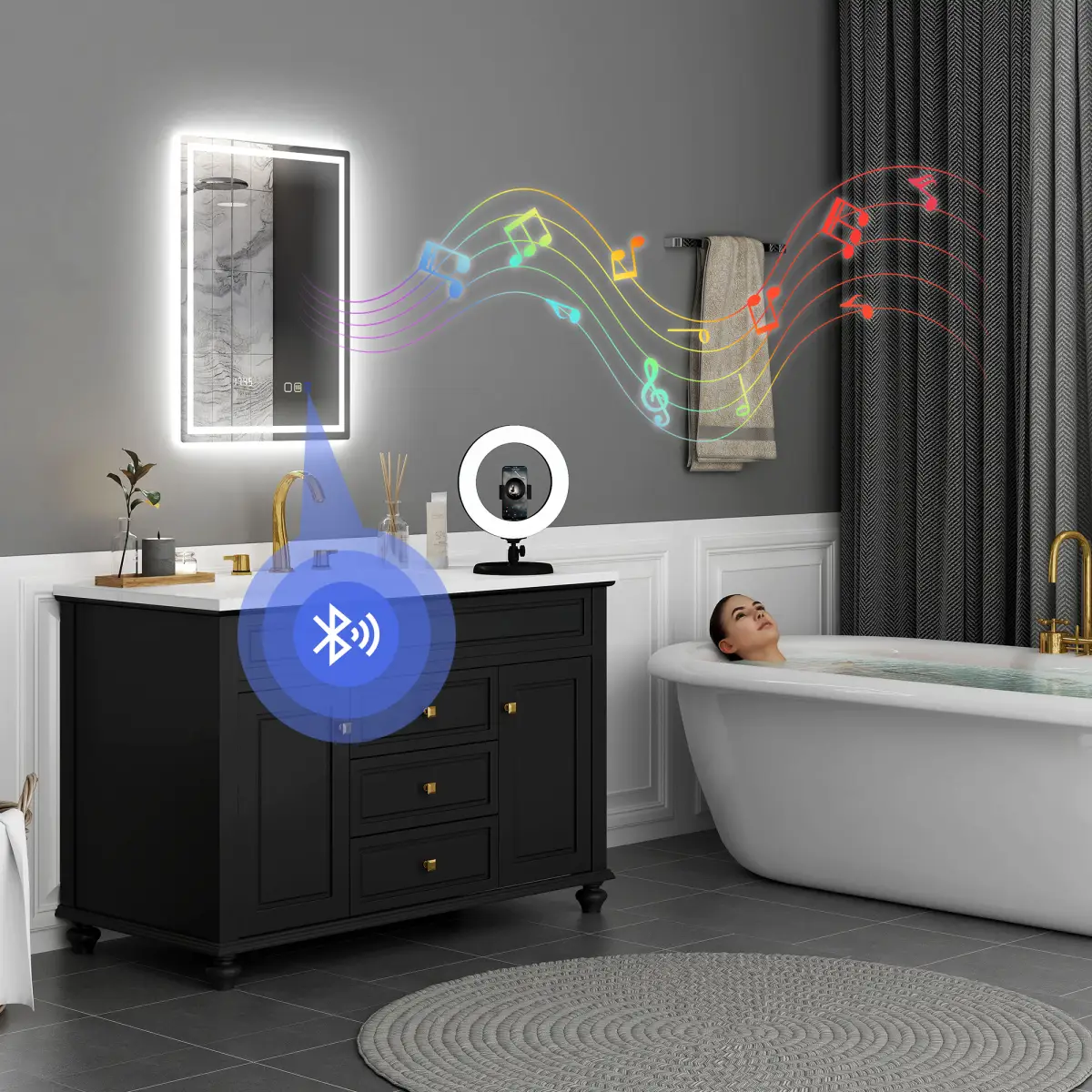 HOMCOM HOMCOM 500 x 700 mm Bathroom Mirror with Bluetooth Clock Lights Demister Pad - Clock