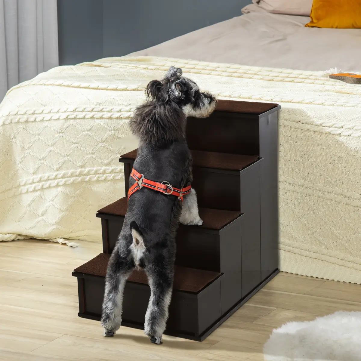 Pawhut 4-Step Wooden Pet Stair Steps with Soft Short Plush Cushions Dog Ladder for Bed - Dog Steps