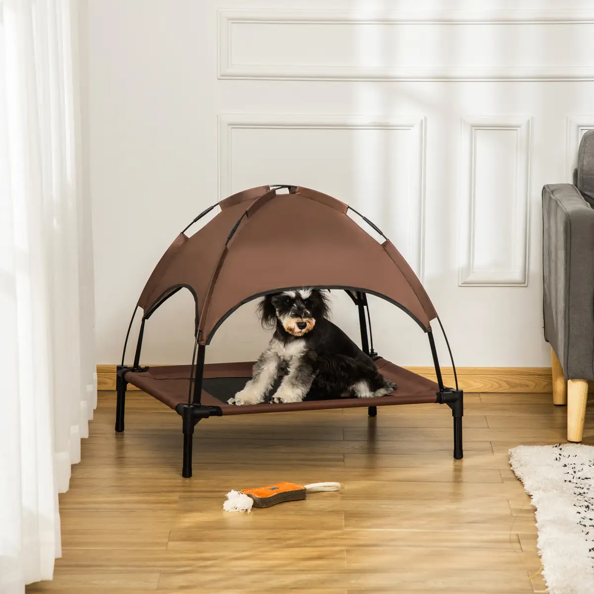 PawHut PawHut 76cm Elevated Dog Bed Cooling Raised Pet Cot UV Protection Canopy Coffee - Dog Beds
