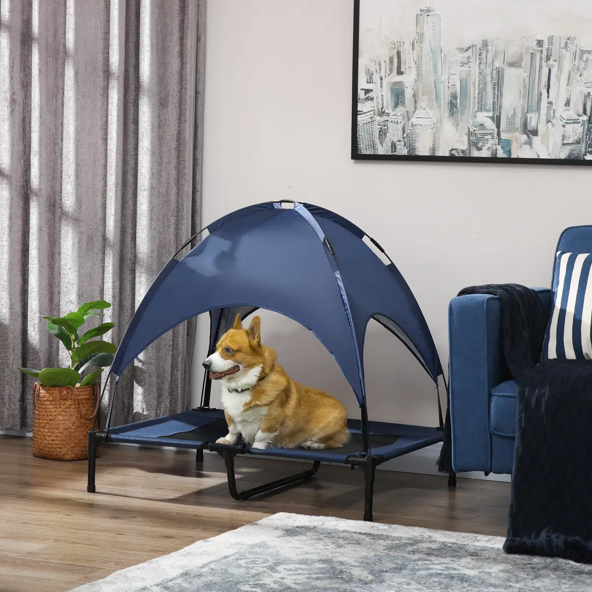 PawHut PawHut 92cm Elevated Dog Bed Cooling Raised Pet Cot UV Protection Canopy Blue - Dog Beds