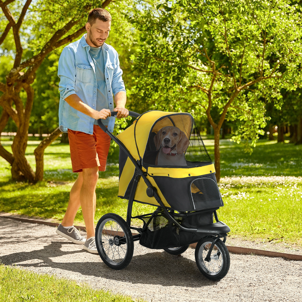 PawHut 3 Wheel Pet Stroller, for Medium Small Dogs, Foldable Cat Pram - Yellow - from PawHut