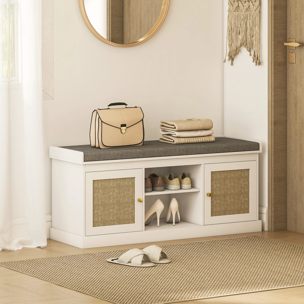 HOMCOM HOMCOM Shoe Bench, Boho Shoe Storage Bench with Padded Cushion, White -