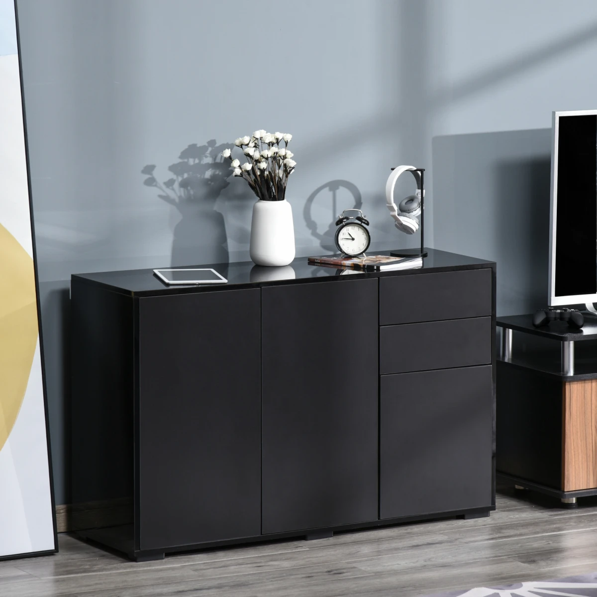 Unbranded Premium Side Cabinet 72W x 18D x 30H Glossy Top Matte Fronts With 2 Doors And 2 Drawers For Home Office - Sideboard