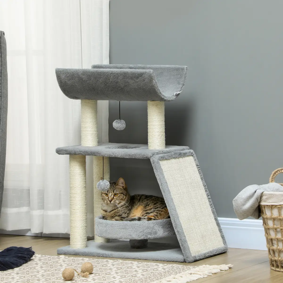 PawHut Cat Tree Tower for Indoor Cats w/ Scratching Posts, Pad, Light Grey, Toy Ball - Cat Tree