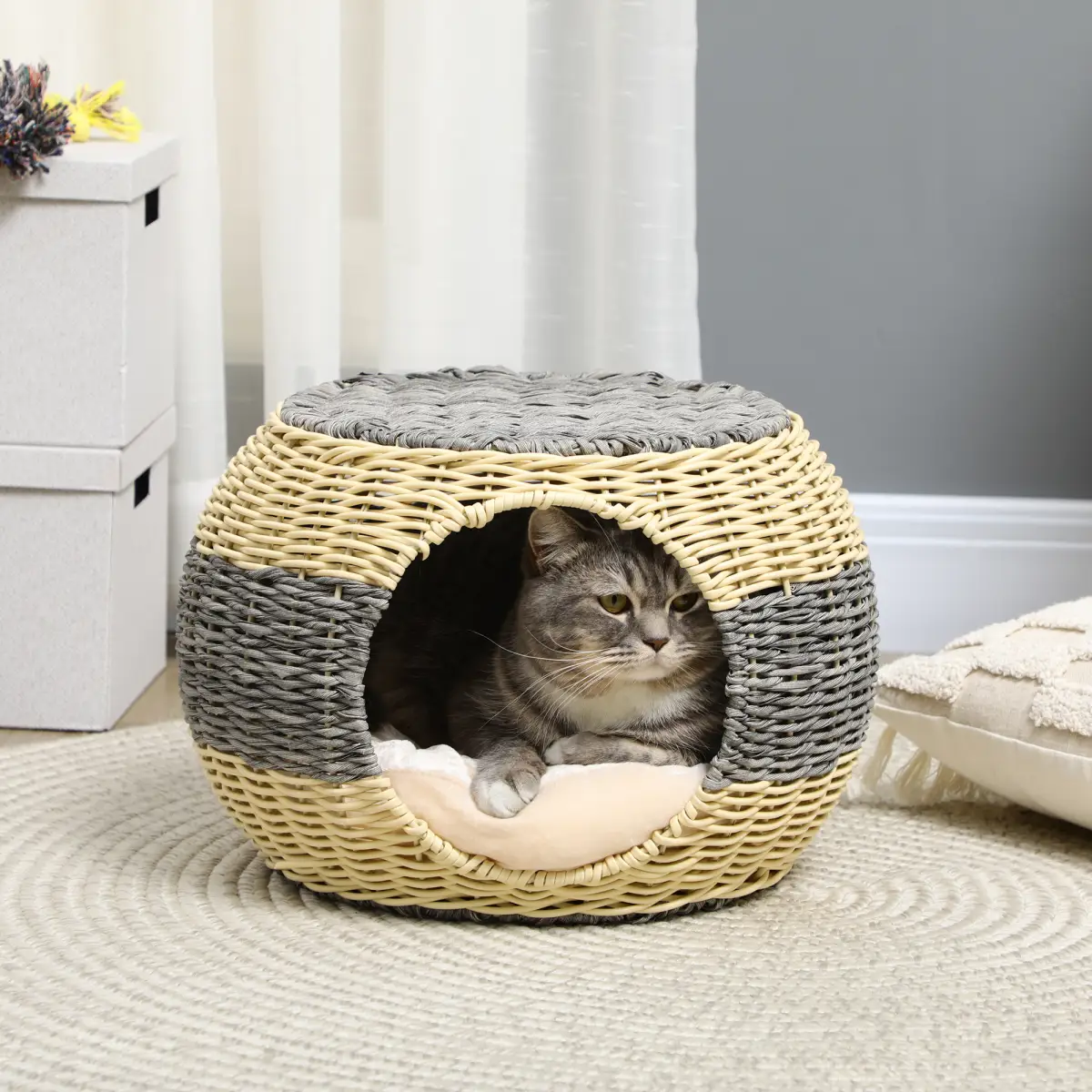 PawHut PawHut Wicker Cat House, Rattan Raised Cat Bed w/ Soft Cushion, 40 x 30cm - Cat House