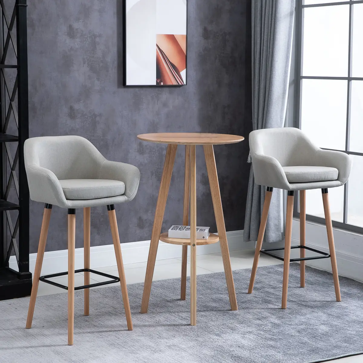 HOMCOM 2 PCs Modern Upholstered Fabric Bucket Seat Bar Stools w/ Solid Wood Legs Beige - Bar Stool