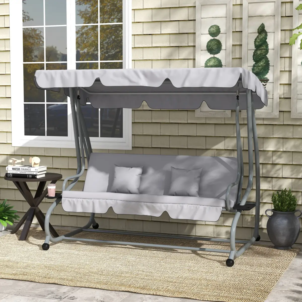 Outsunny Outsunny 2-in-1 Garden Swing Chair for 3 Person w/ Adjustable Canopy, Grey - Hammocks