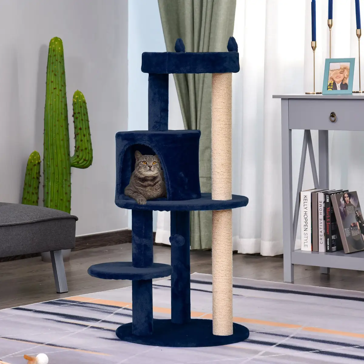 Pawhut 104cm Deluxe Cat Activity Tree w/ Scratching Posts Ear Perch House - Blue - Cat Tree