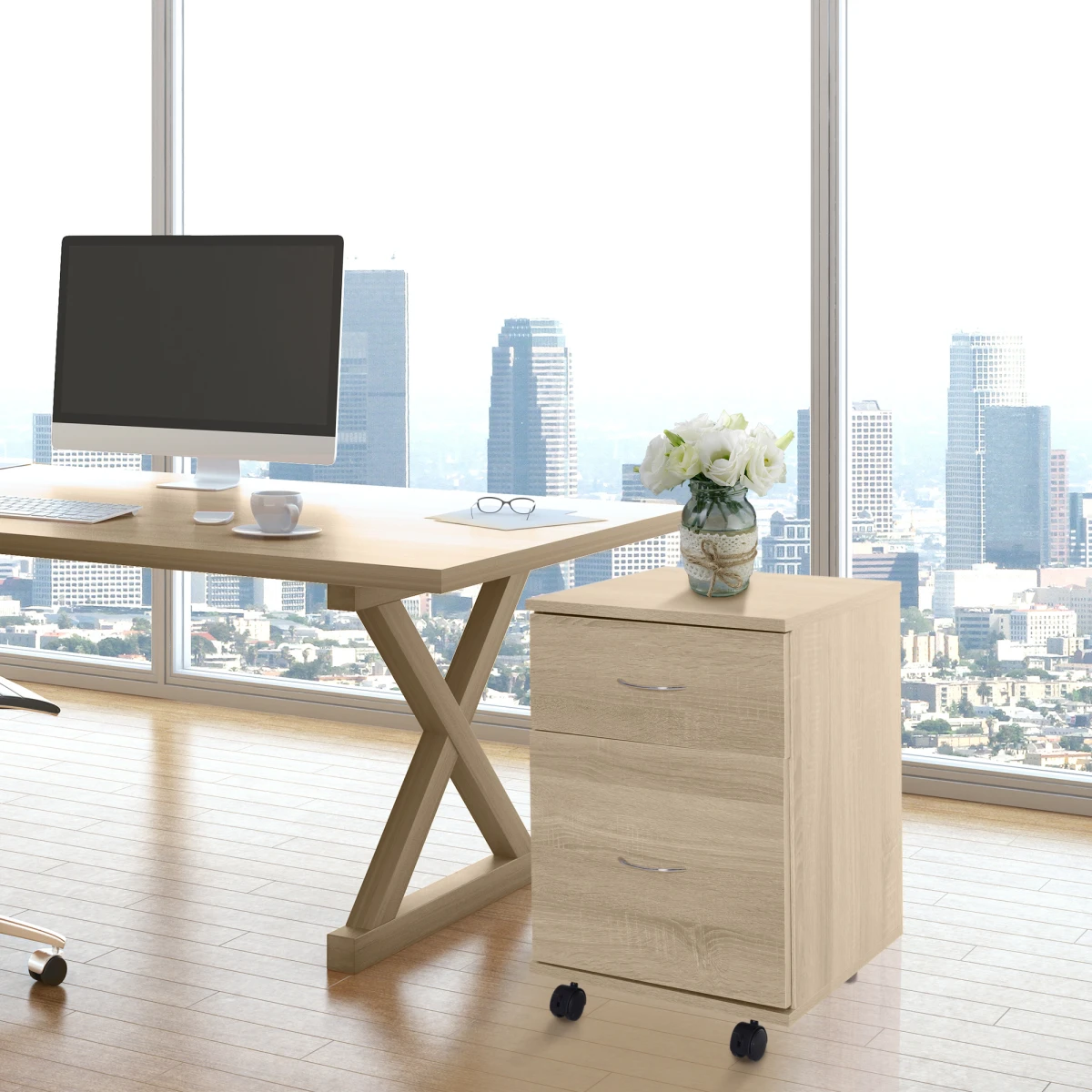 HOMCOM Premium Mobile File Cabinet Under Desk Height Oak Finish Two Drawer Office Pedestal - Office Storage