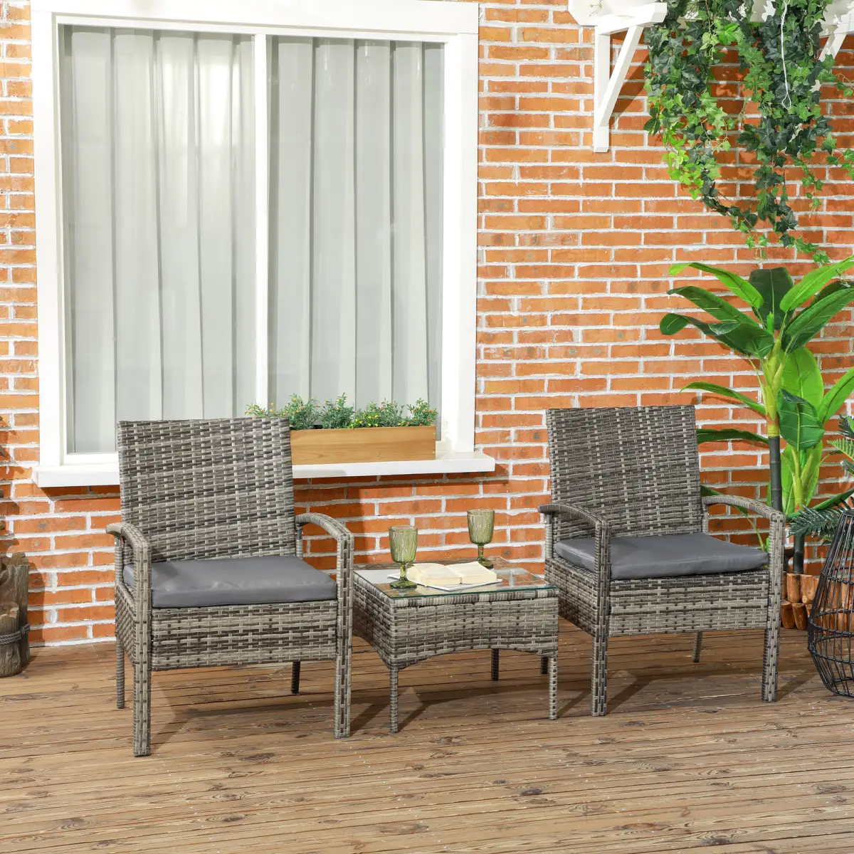 Outsunny Outsunny 3PC Garden Rattan Bistro Set Balcony Dining Table Chair Mixed Grey - Garden Set