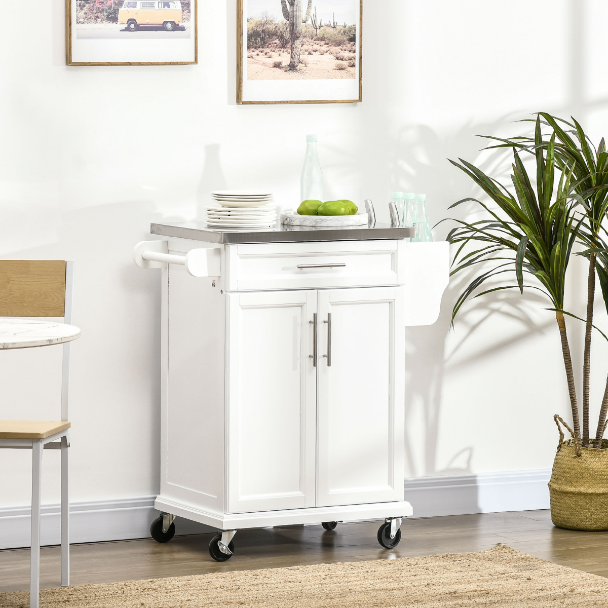 Rolling Kitchen Cart Storage Trolley with Drawer Towel Rail Steel White - from HOMCOM