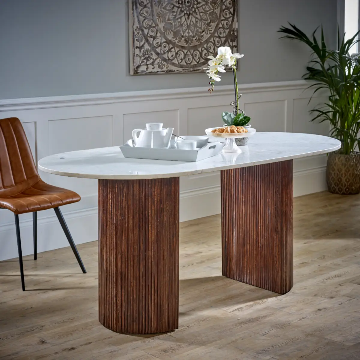 Indian Hub Opal Mango Wood Dining Table 170Cm With Marble Top - Dining Table