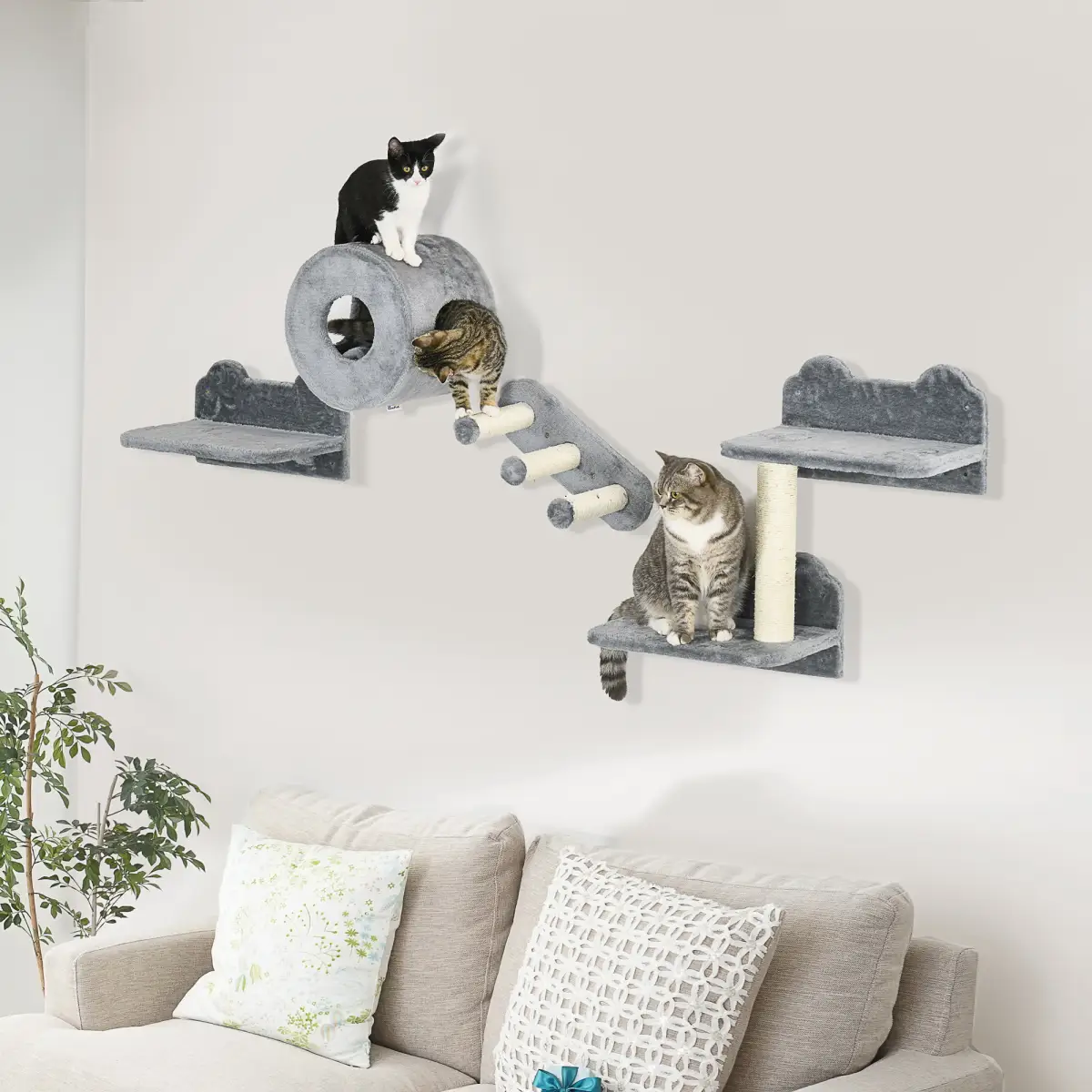 PawHut Four-Piece Wall-Mounted Cat Tree with Platforms, Steps, Perch, Cat House - Grey - Cat Tree