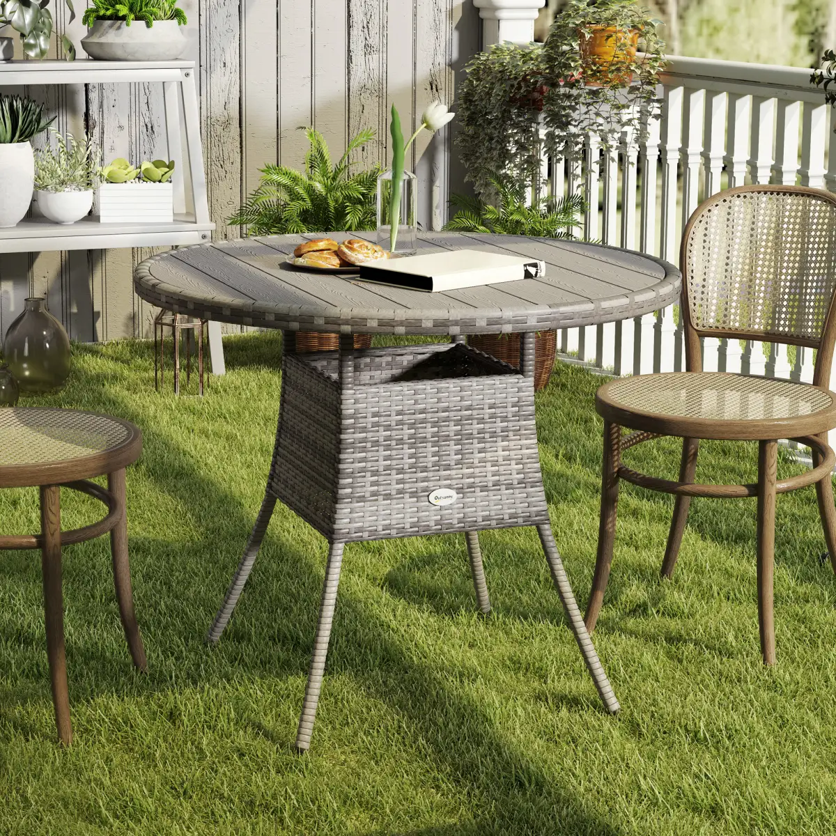 Outsunny Outsunny Outdoor PE Rattan Dining Table w/ Wood-plastic Composite Top, Grey - Garden Table