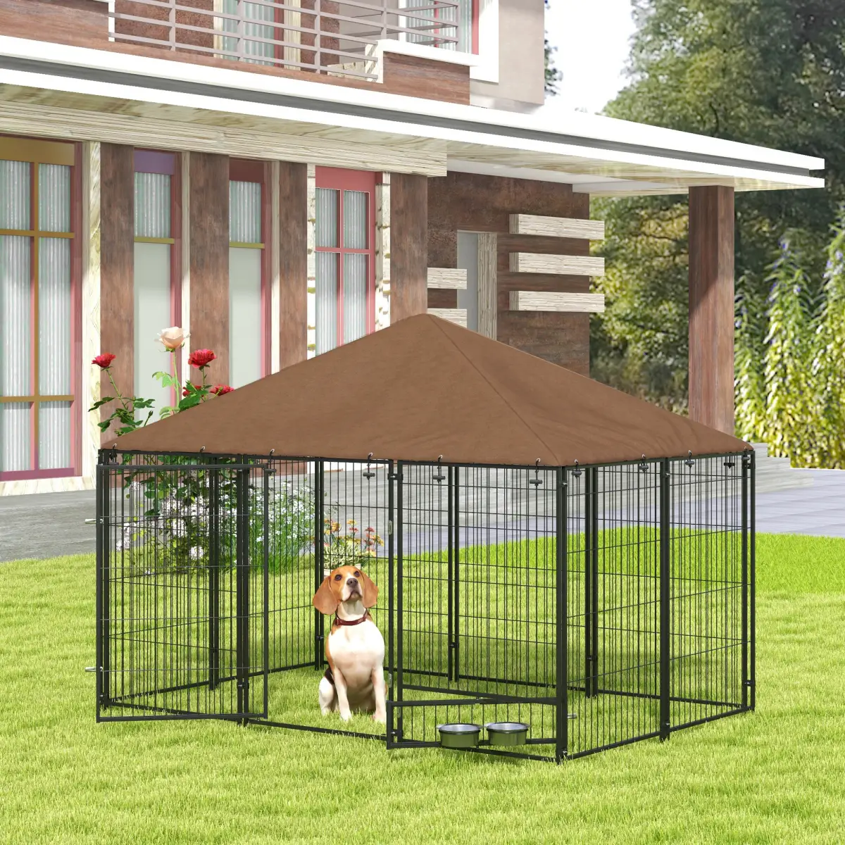 PawHut PawHut Outdoor Dog House Kennel with Canopy Top & Lock Rotating Bowl Holder - Dog Kennel