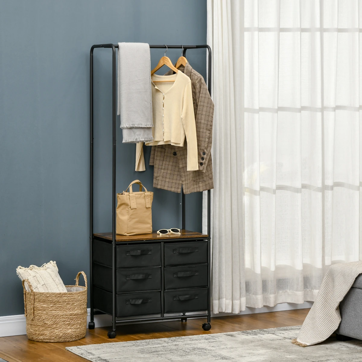 HOMCOM Hanging Clothes Rail Tall Wardrobe 6 Drawers by Homcom