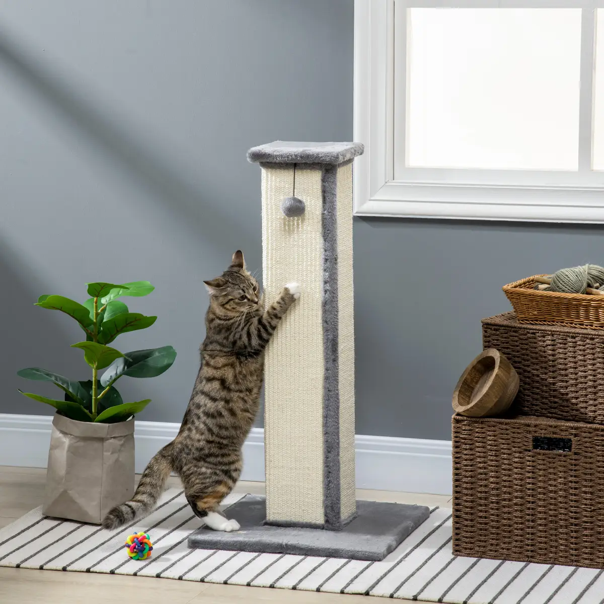 PawHut Cat Scratching Post 81cm Cat Scratcher w/ Natural Sisal Rope Hanging Ball Grey - Cat Tree