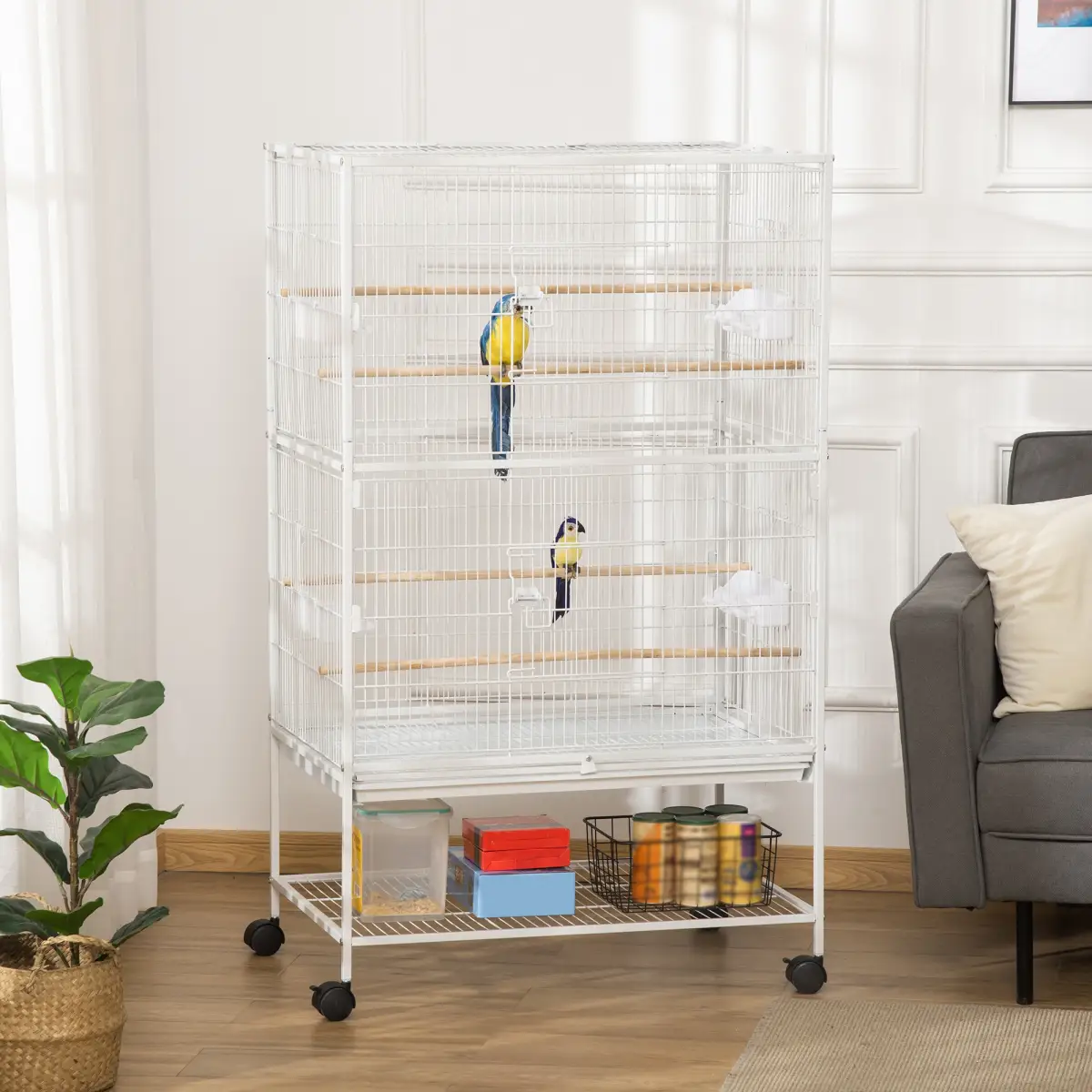 Pawhut Large Bird Cage Budgie Cage for Finch Canaries Parrot with Stand White - Pet Cage