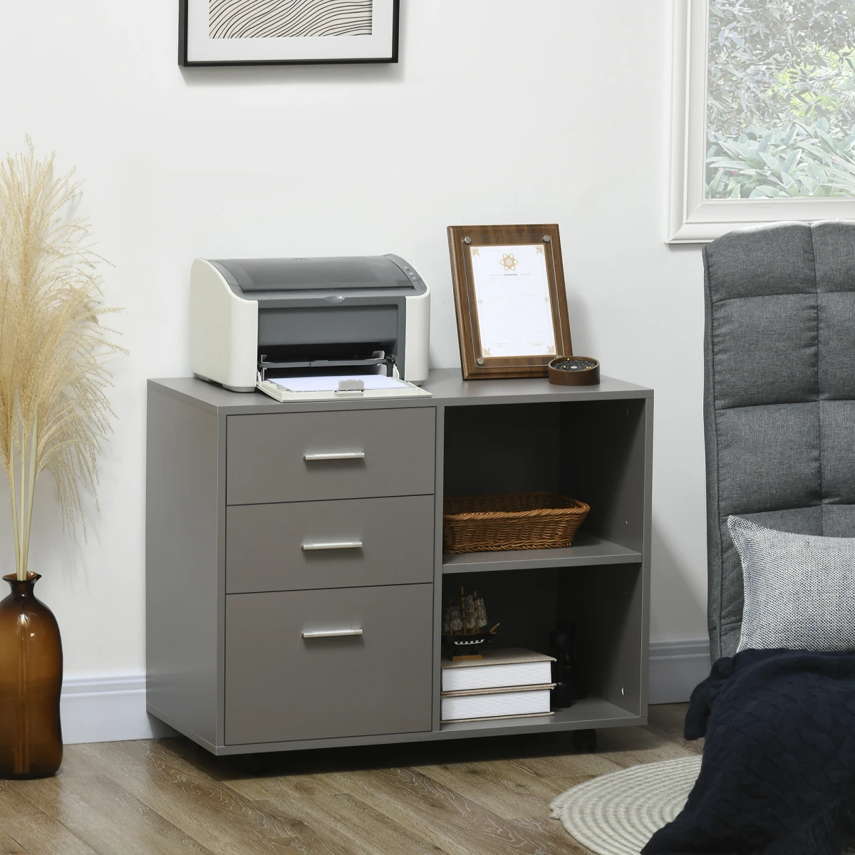 Sturdy Grey Freestanding Storage Cabinet With 3 Drawers And 2 Shelves On Wheels For Home Office by HOMCOM