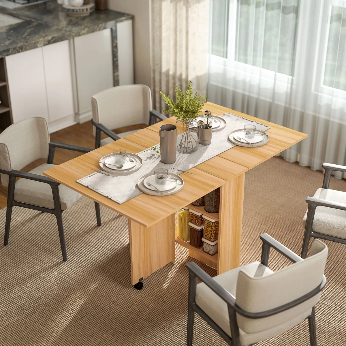 HOMCOM Foldable Dining Table Compact With Lift Up Side Tables And Storage Shelves For Kitchen And Dining by HOMCOM