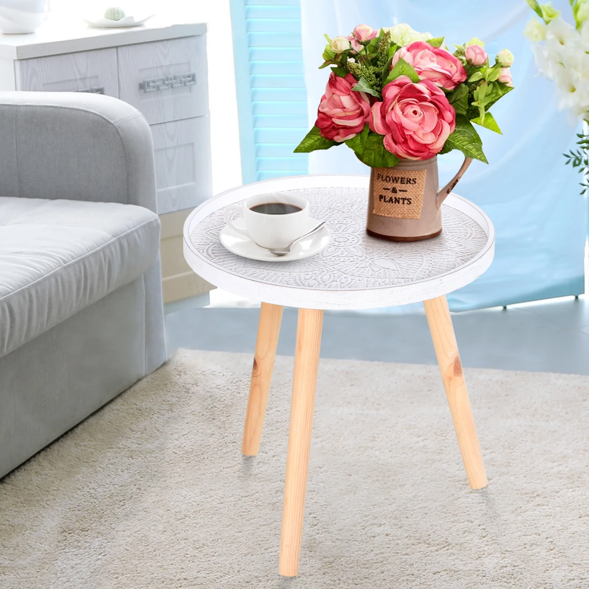 HOMCOM Pine Wood Compact Side Table Saucer Top Floral - Dining Table