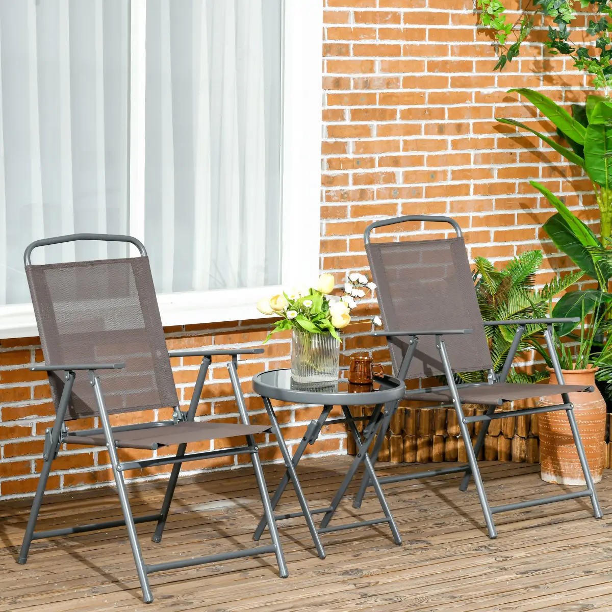 Outsunny Outsunny Patio Bistro Set Folding Chairs & Coffee Table for Balcony, Brown - Bistro Sets