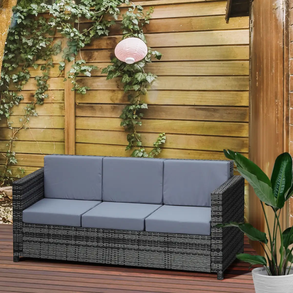 Outsunny 3-Seater Weather Resistant Outdoor Garden Rattan Sofa Grey - Garden Sofa Sets