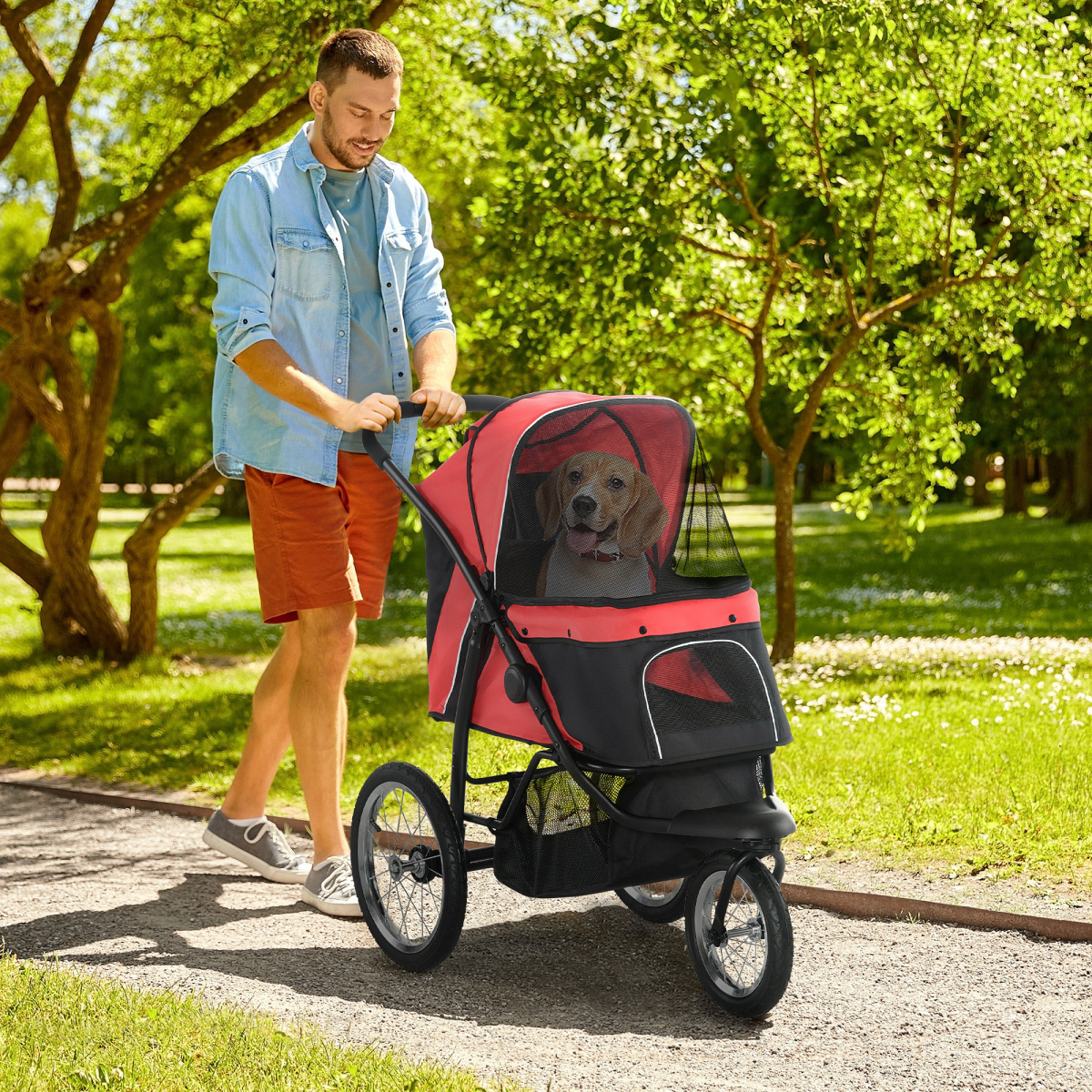 Foldable Pet Stroller Jogger w/ Canopy, Three Wheels, for Medium Dogs - Red - from PawHut