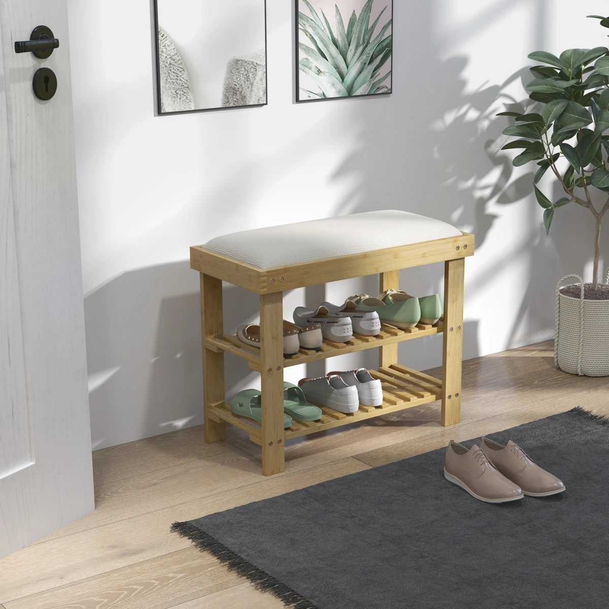 HOMCOM HOMCOM 3-Tier Shoe Storage Bench, Bamboo Shoe Rack for Entryway, Cream -