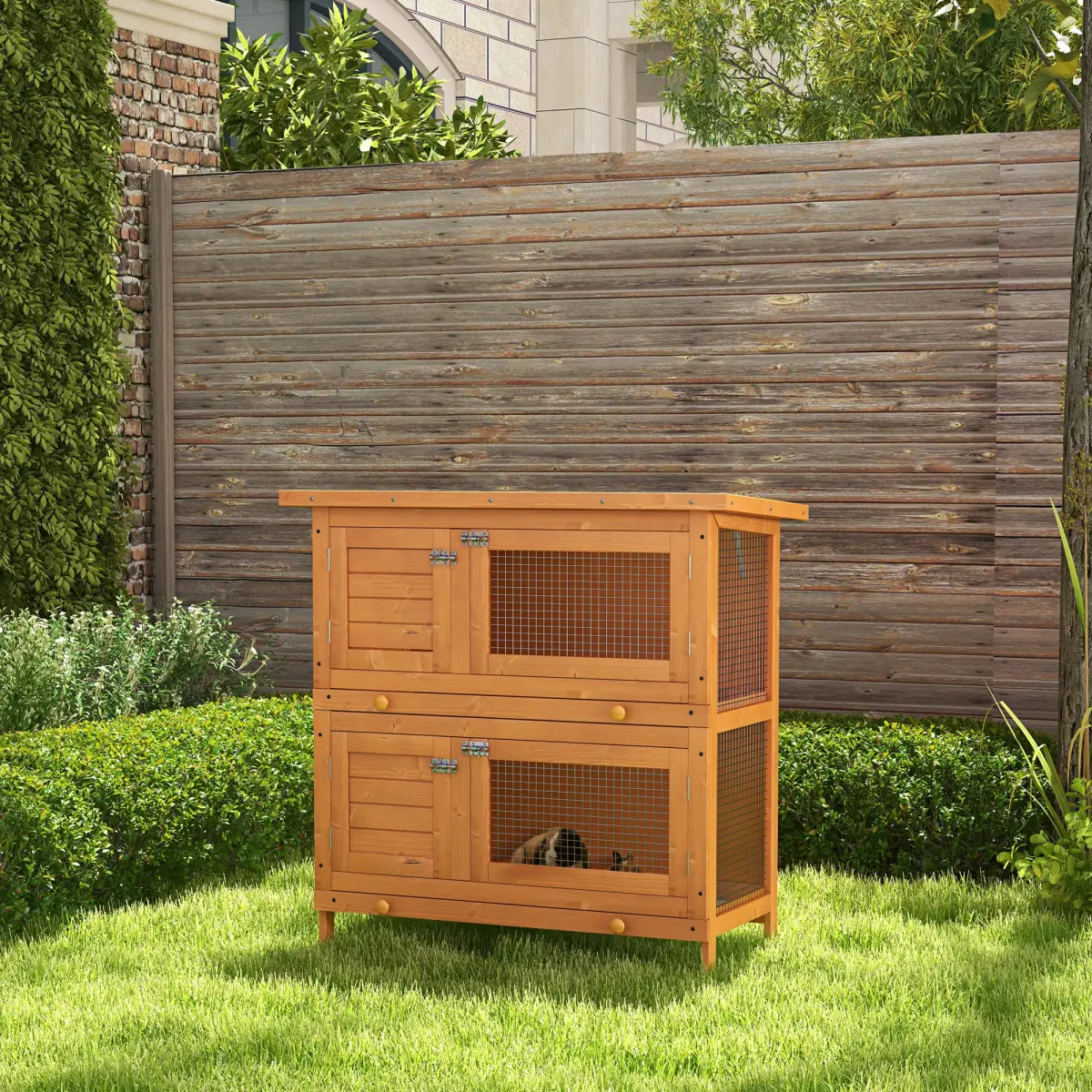 Pawhut 2-tier Rabbit Hutch Small Animal Wooden Bunnies House Outdoor Backyard 2 Sizes - Rabbit Hutch