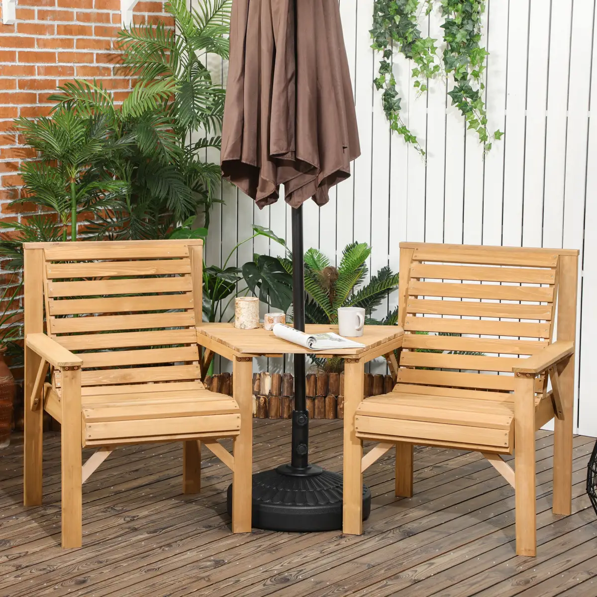 Outsunny Outsunny Wooden Garden Love Seat w/ Coffee Table Umbrella Hole Partner Bench - Garden Chairs