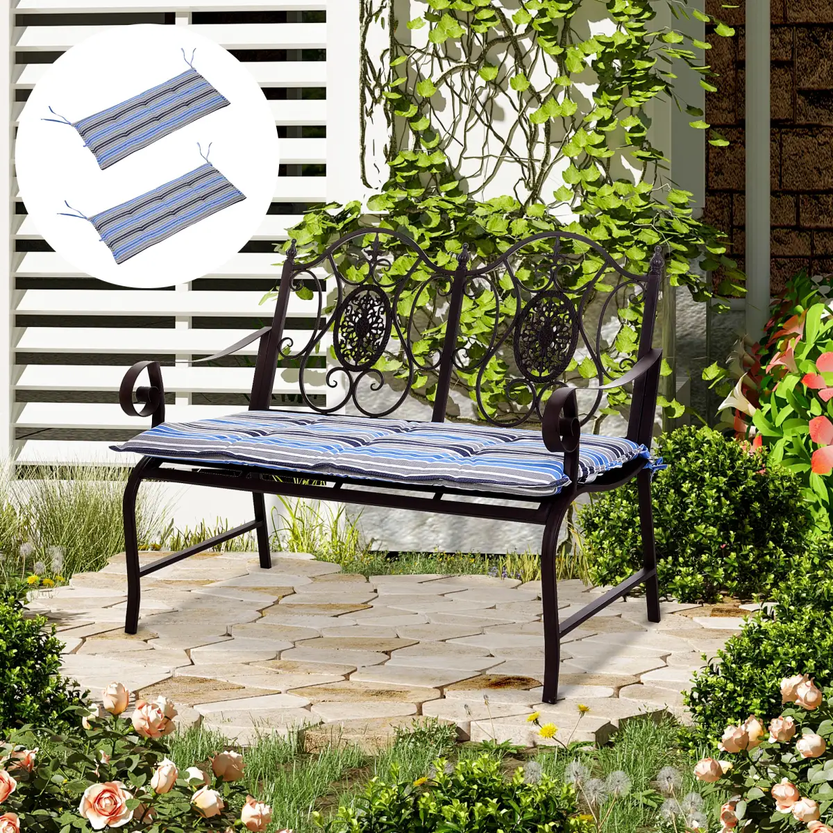 Unbranded 2 PCS Patio Bench Swing Chairs Garden Chairs Double Seat Cushion Mat Strips Blue - Hammocks
