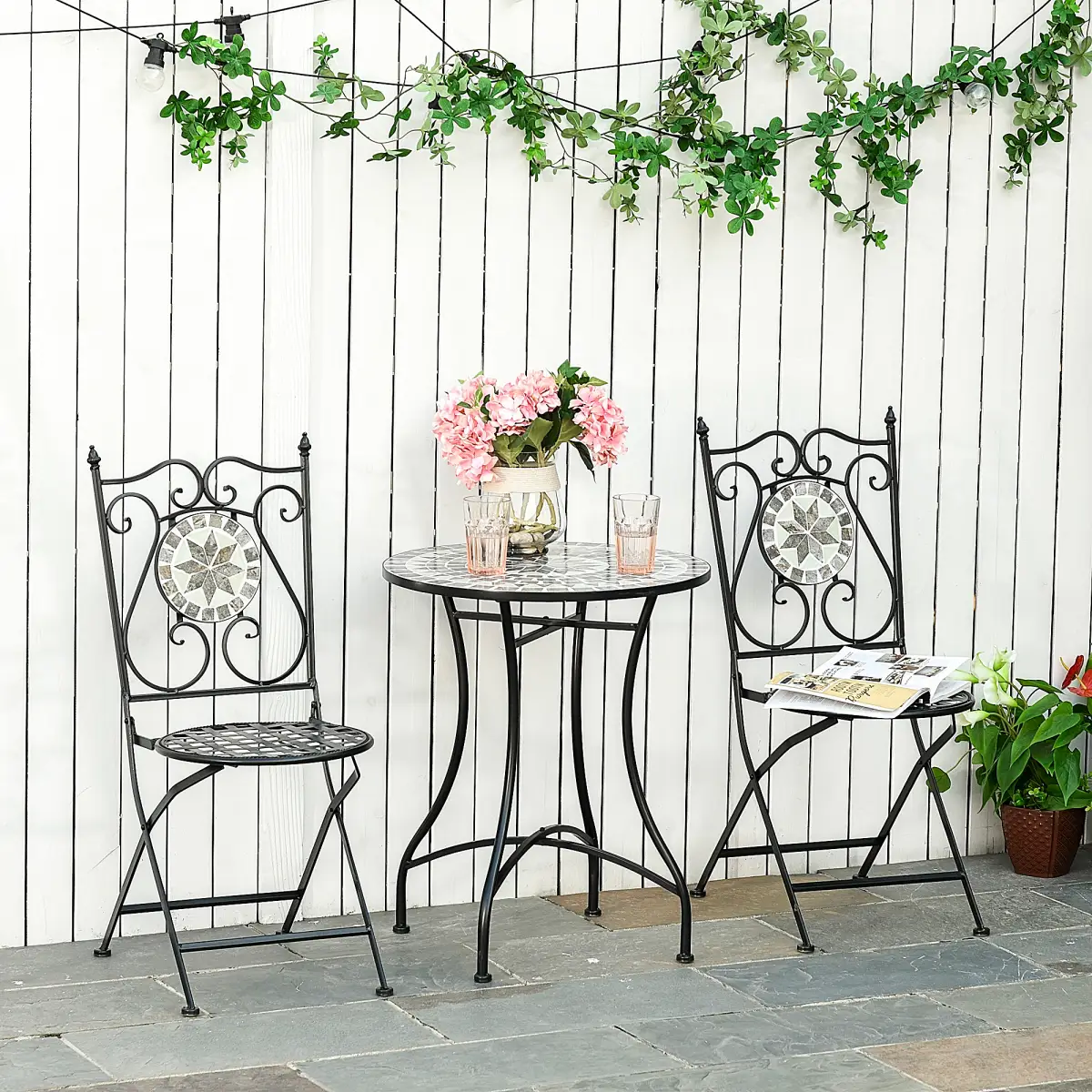 Outsunny 3Pc Mosaic Tile Garden Bistro Set Folding Chairs - Bistro Sets