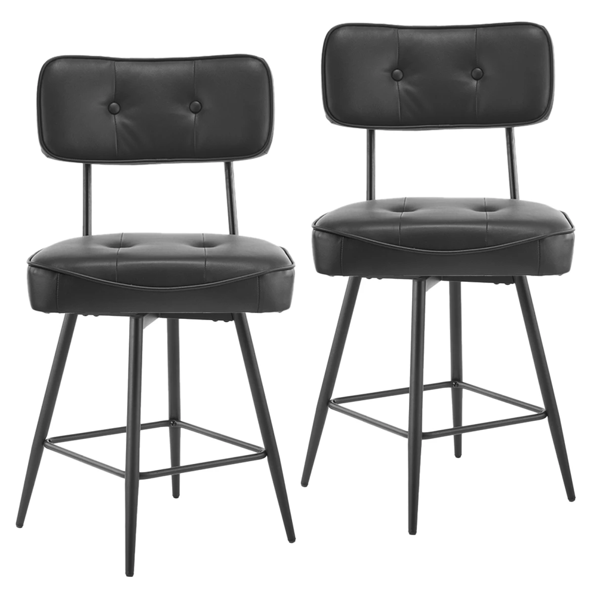 2 Pcs Black PU Swivel Bar Stools with Button-Tufted Backrest and Metal Legs by N/A